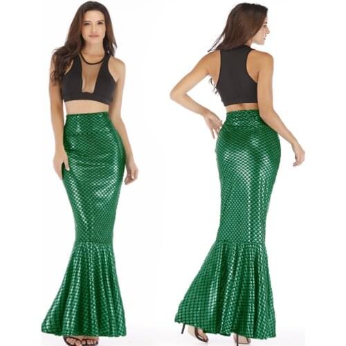 Womens Long Mermaid Maxi Skirt High Waisted Stretch Slim Elastic Bodycon Shiny Fish Scale Printed Trumpet Ankle-Length S-XXL