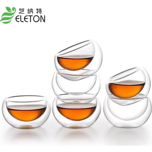 ELETON 6 pcs/set 50ml Double glass transparent small cup of tea cup Kung Fu tea tea accessories insulation Glass Drinkware