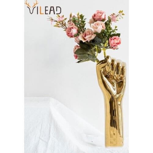 VILEAD Ceramic Golden Decorative Hand Flower Vase Desktop Art Pot Figurines For Interior Home Living Room Decoration Accessories