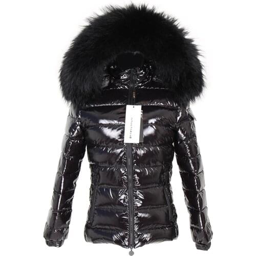 2020 new winter short white duck down lining down jacket real raccoon fur collar warm black shiny streetwear jacket ladies