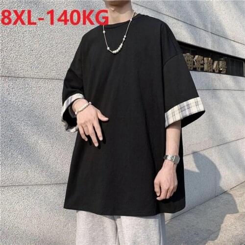 Summer men korea style plaid tshirt big sales cheap plus size 8XL high street patchwork cool tees tops oversize loose t-shirt 60