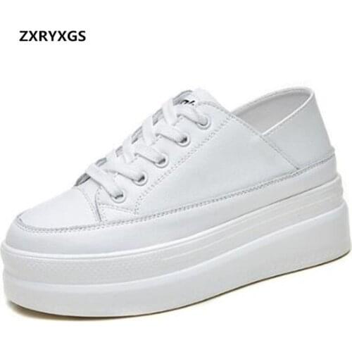 Best Sale Lace-up Spring Shoes White Casual Sneakers Women Genuine Leather Shoes Platform Increase Shoes Wedges Casual Shoes