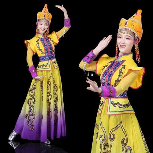 New design long Mongolian Dance clothing ethnic minority dress Chinese performance Folk Dance apparel Stage Costumes for Singers