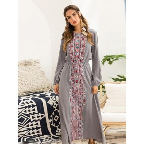 Muslim Abaya Maxi Dress Women Ethnic Print Kimono Elbise Floral Long Dress Dresses Ramadan Middle East Arabic Islamic Clothing
