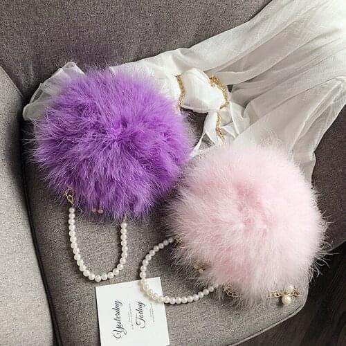 2019 Women Ostrich Fur Evening Bag Party Wedding Luxury Handbags Tote Pearl Chain Tassel Shoulder Bag Feather Love Day Clutches