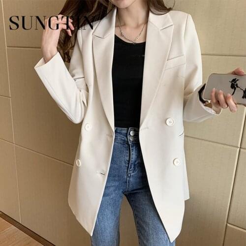 Sungtin White Oversize Blazer Women Casual Loose Long Office Lady Blazer Jacket Femme Black Spring Autumn OL Korean Fashion 2021