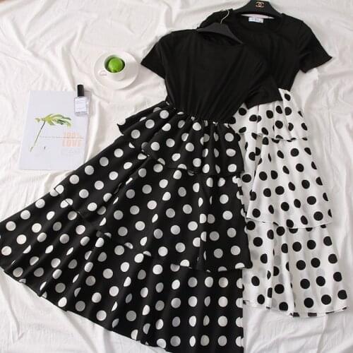 2019 Spring Summer New Fashion Women Short Sleeve Dot Dress Elegant Lady Long O-neck Patchwork Dressess Cake Dress Vestidos 756