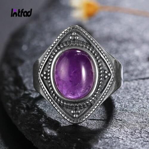 Vintage 8x10MM Natural Oval Amethyst Rings 925 Silver Fine Jewelry for Women Anniversary Party Birthday Gift