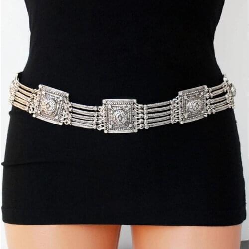 Tribal bohemian body jewelry bronze plated pattern vintage Carved flower belly dance Elastic Gypsy belt chain waist jewelry