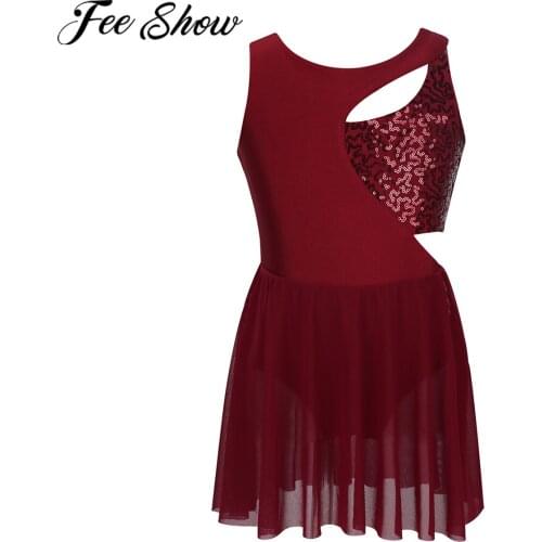 FEESHOW Kids Girls Ballet Dance Performance Dresses Asymmetrical Leotard Sequins Keyholes Ice Roller Figure Skating Dress