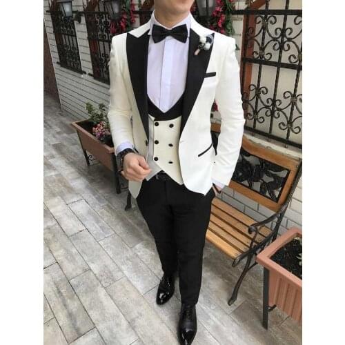 New Style Men Suits Ivory and Black Groom Tuxedos Peak Lapel Groomsmen Wedding Best Man 3 Pieces ( Jacket+Pants+Vest+Tie ) C889