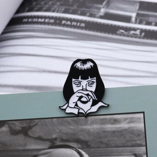 Creative short hair girl thinking brooch cartoon fashion dark pensive girl daze badge halloween jewelry denim clothing backpack