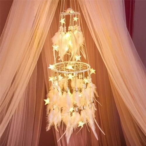 White Feather Dream Catcher for Bedroom with LED Fairy Lights Wall Hanging Ornaments Ceiling Decoration for Girls Room Wedding