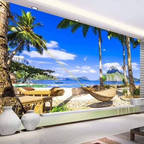 Custom Mural Papel De Parede 3D Landscape Blue Sky White Clouds Seaside Beach Hammock Photo Wallpaper Living Room Bedroom Decor