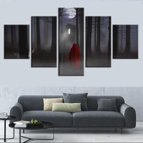 Wall Art Canvas Modern Modular Picture Hd 5 Panel Girls and Wolf Poster Home Decor Painting Prints Living Room Background Framed