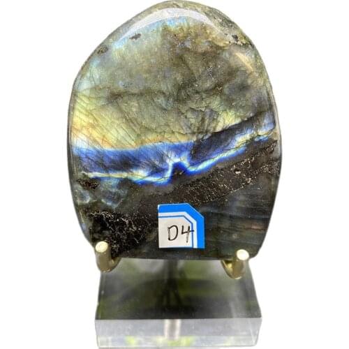 Natural quartz crystal blue light Labradorite mineral specimen energy stone healing + metal scaffold