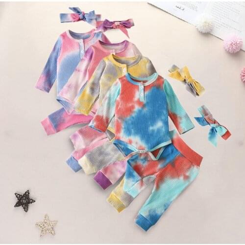 Baby Clothes Newborn Clothes Newborn Infant Baby Girls Rainbow Tie-Dyed Solid Romper Bodysuit+Pants Outfits одежда для новорожде