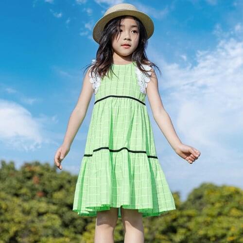 2021 Kids Dress Elegant Green Lace Sleeveless Princess Dresses for Girl Summer Girls Dress Childrens Clothing 4 6 8 10 12 Years