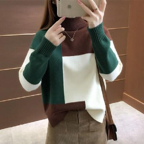 Women Pullover Sweater Autumn Loose O Neck Color Contrast Long Sleeve Knitted Korean Fashion Female Jumper Splicing Sweater Top