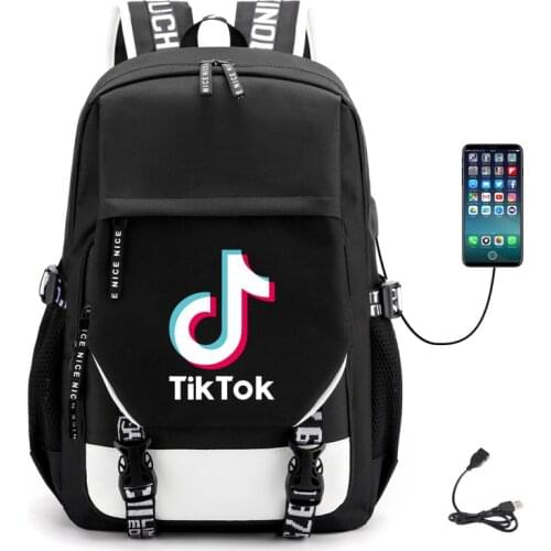 TikToK USB Charging Backpack Tik Tok Laptop Backpack Teenagers School Bag Capacity Mochila Travel Bag Black