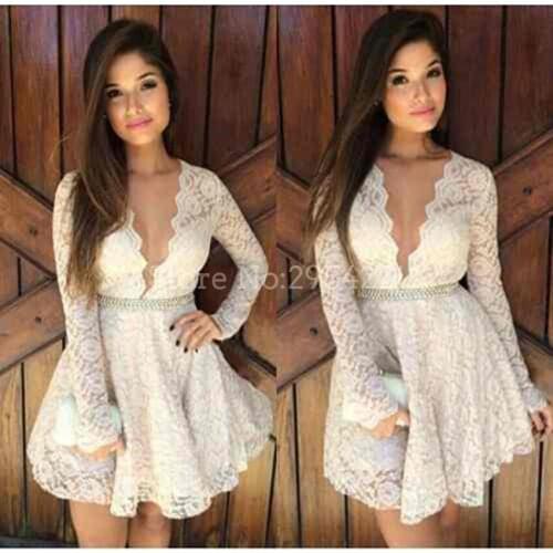 Sexy Mini White 8th Grade Graduation Dresses Lace Long Sleeves With Pearls Sash Homecoming Dresses Deep V Neck Evening Dress