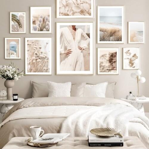 Nordic Poster Beige Dandelion Palm Leaf Santorini Soft Light Beach Wall Art Print Canvas Painting Decor Pictures For Living Room