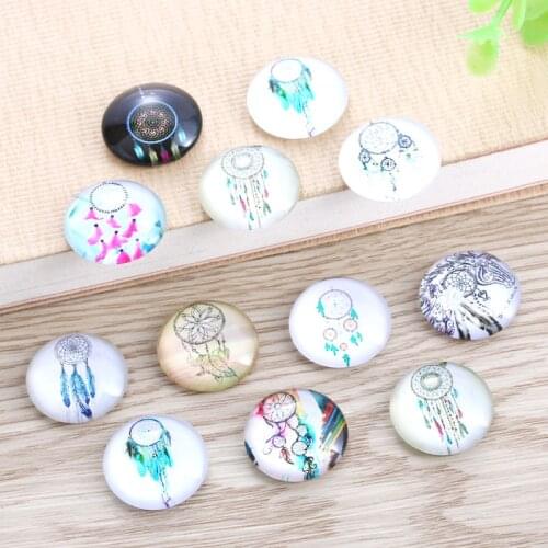 TYLFNL 50 pcs mix Dreamcatcher Pattern Round Glass Cabochon 16mm 18mm Dome Flat Back DIY Jewelry Finding S-010210