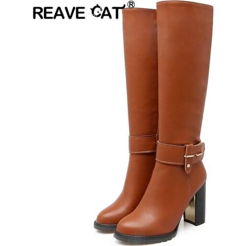 REAVE CAT Women knee boots Winter warm Round toe Fashion botas mujer footwear shoes Zipper High heel Boots pu leather A1271