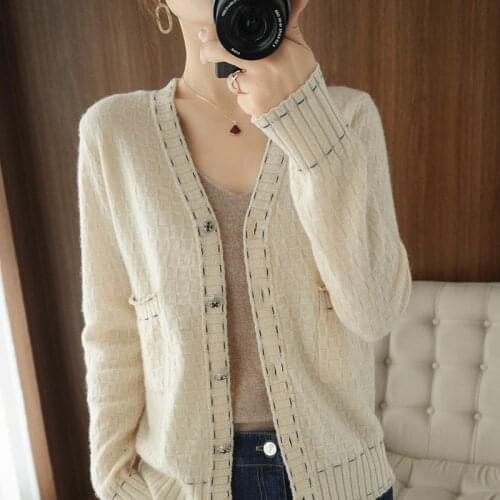 100% Wool New Autumn And Winter V-neck Cardigan Pocket All-match Knitted Jacket Women