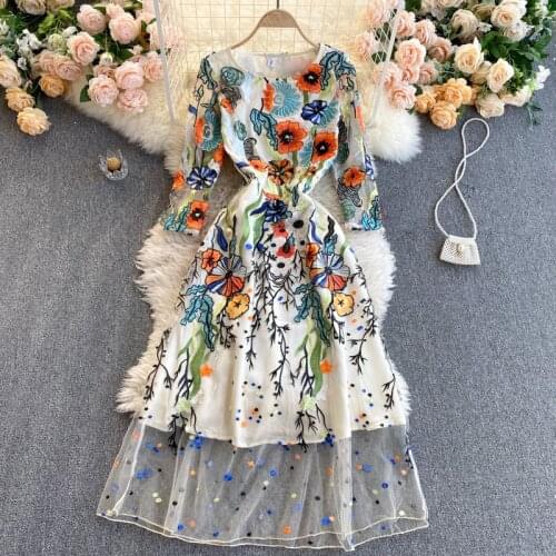 Women New Fashion Elegant Mesh Embroidered Retro Round Neck Long Sleeve A-line Dress Vestidos De Mujer Clothes R281