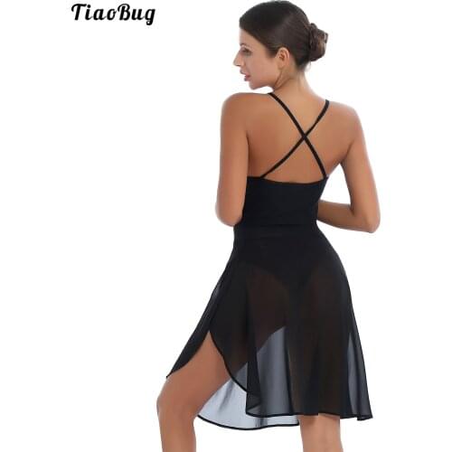 Summer Women V Neck Sleeveless Back Cross Straps Dance Chiffon Dress Ladies Chiffon Skirted Leotard Ballet Dresses