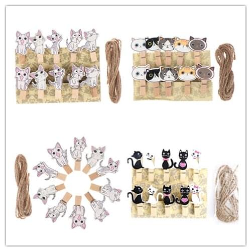 10 Pcs/Lot cute Kawaii Cat Wooden Clip Photo paper Clothespin DIY Craft Clips Party Deco Clip with Hemp Rope for party supply