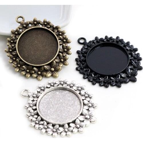 5pcs 25mm Inner Size Antique Silver Plated Bronze And Black Flowers Style Cabochon Base Setting Charms Pendant