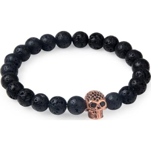 Skull Black Lava Bracelets Cubic Zirconia 8MM Natural Stone Fashion And Cool Bracelets Classic Elastic Rope For Women Men