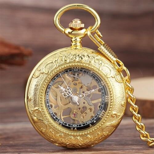Luxury Gold Manual Mechanical Pocket Watch Transparent Skeleton Roman Numerals Hand Winding Machinery Pendant Pocket Clock Gift