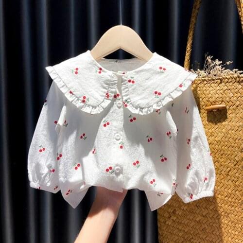 Baby Girls Cherry Leaf collar Shirt Children Long Sleeve Tops School Newborn Kids Turn-down Collar Shirt Toddler Baby Blouse