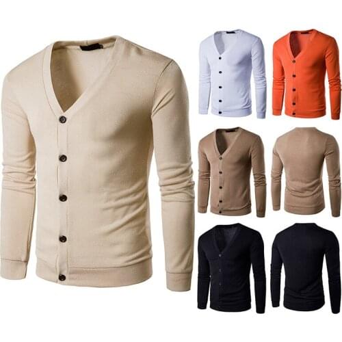Mens Sweater Long Sleeve V-Neck Solid Color Cardigan Sweater Casual Straight Type Single-Breasted Tops