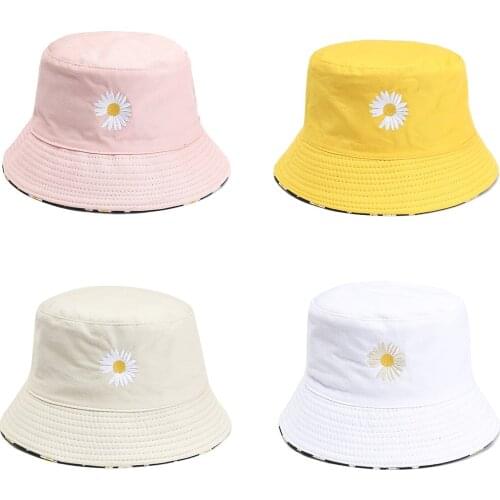 Double-sided Fisherman Hat For Women Summer Fashion Casual Daisy Embroidery Solid Bucket Caps Outdoor Sunproof Accessories Caps