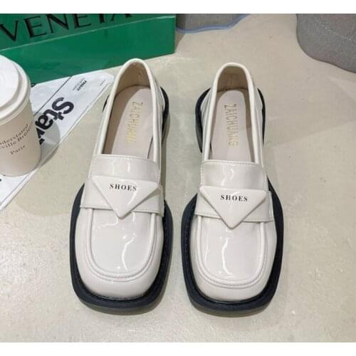 Fashion Woman Low Heels Shoes Woman Solid White PU Leather Loafers Casual Womens Casual Thick-soled Shoe