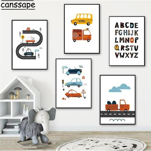 Cartoon City Car Club Canvas Print Nursery Wall Art Painting Alphabet Poster Nordic Kids Room Print Wall Pictures Boy Room Decor
