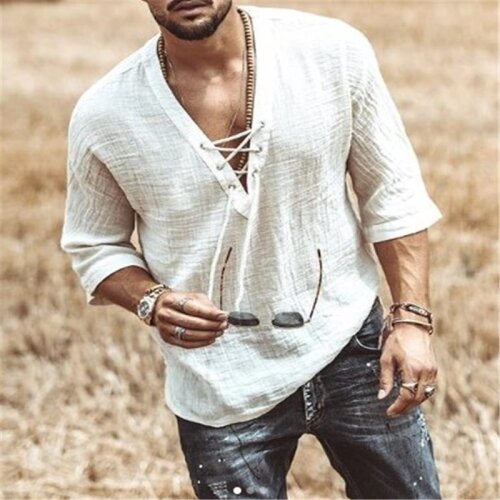 Mens Casual Shirt Cotton Linen Solid Color Half Sleeve V-Neck Lace-up Loose T-Shirt Summer Holiday Beach Tee Top Daily Wear