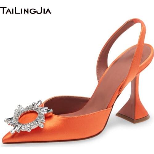 Orange Satin Slingbacks Pumps for Women 2021 Party Dress High Heels Pointed Toe Crystal Shoes Ladies Large Size Elegant Footwear