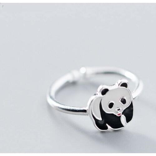 Silver Plated Cute Panda Mouth Adjustable Ring China National Treasure Sweet Little Animal Charm Girl Ring Fashion Jewelry
