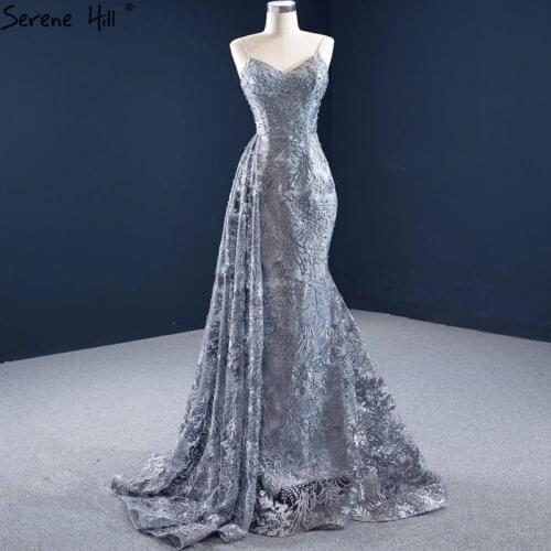 Serene Hill Grey Mermaid Sexy Evening Dresses 2020 Handmade Flowers Beading Sleeveless Formal Dress HM67181