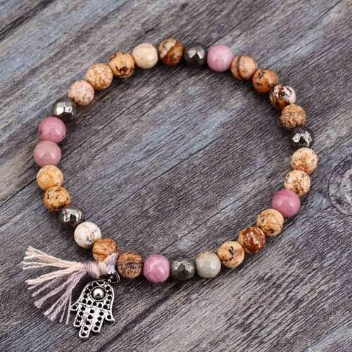 Strethy Bracelet Boho Natural Stones Pyrite and Tassel Stretch Bracelets Handmade Elastic Mala Bead Yoga Bracelet Dropship