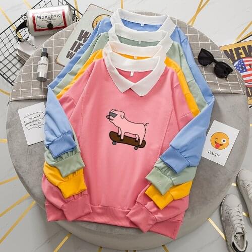 Cartoon Pig Print Hoodie Pullover Oversize Graphic Sweatshirt Long Sleeve Cotton Aesthetic 90s Hoodies with Pocket Girls Clothes