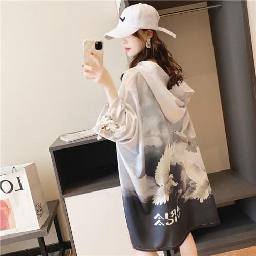 Sweatshirts Women 2020 Asymmetric Hoodies Women Oversize Harakuju Crane Print Lace Up Hoddies For Girls Aesthetic Hoodie AA5434