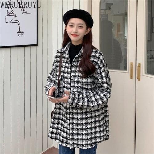 WERUERUYU winter women plaid windbreaker woolen coat female middle long new houndstooth Female long coat