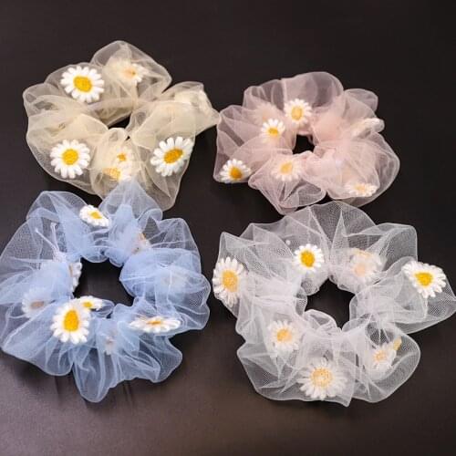 Women Pure Color Mesh Ponytail Holder Hair Rope Portable Fresh Elastic Hair Band Embroidered Daisy Accessories Headwear