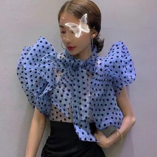 Women Summer Puff Sleeve Dot Short Perspective Shirt High Waist Bow Tie See Through Top Blusa Pullovers